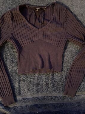 Express Women's Deep Plum Ribbed V-Neck Sweater